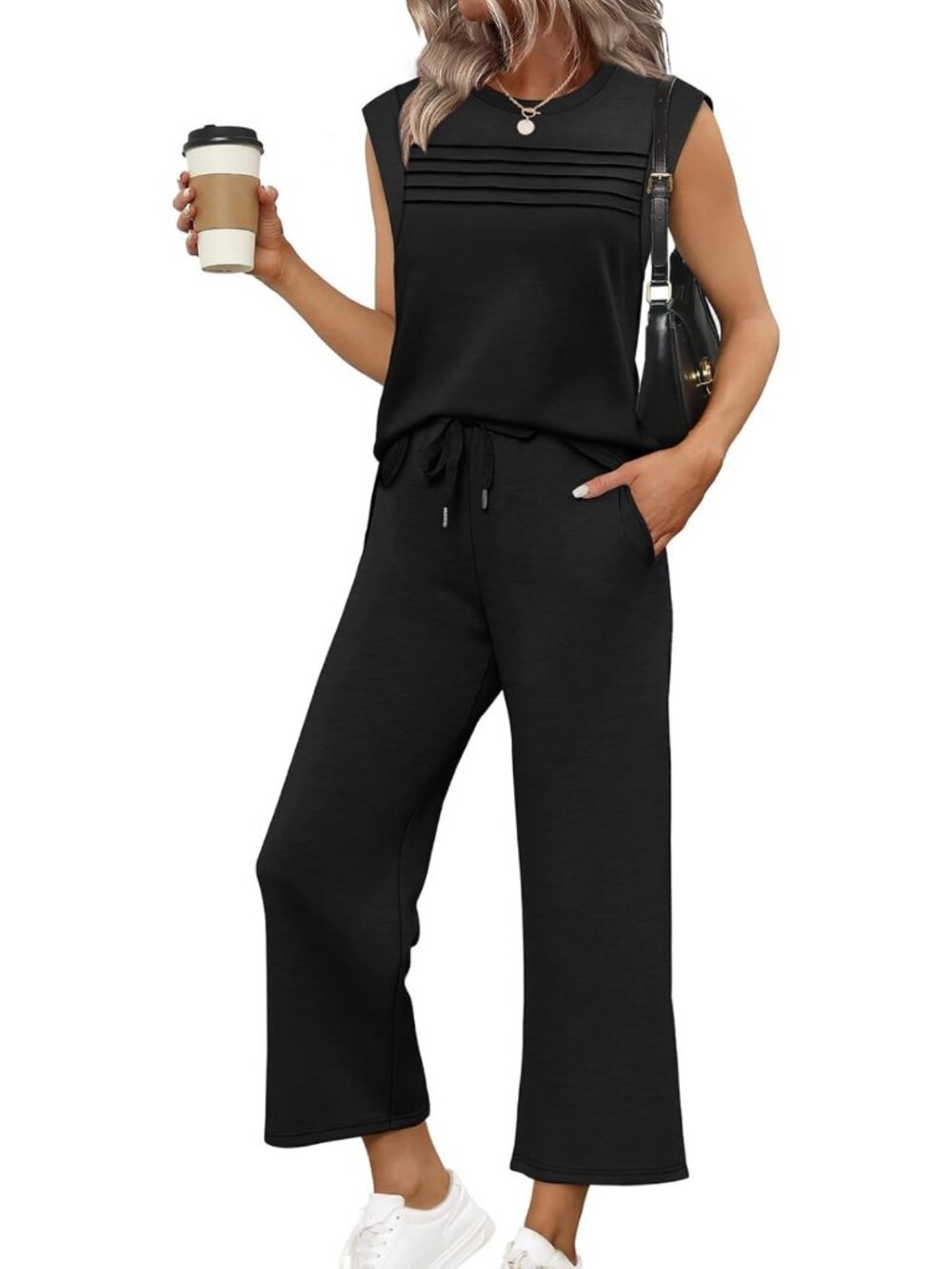Stylish Two-Piece Lounge Set for Women - Summer Travel Outfit, Cap Sleeve & Wide